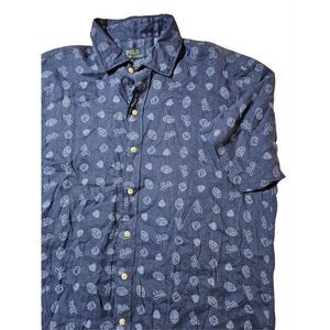Polo Ralph Lauren Shirt 100% LINEN Blue‎ All Over Rugby Football Print Men's L
